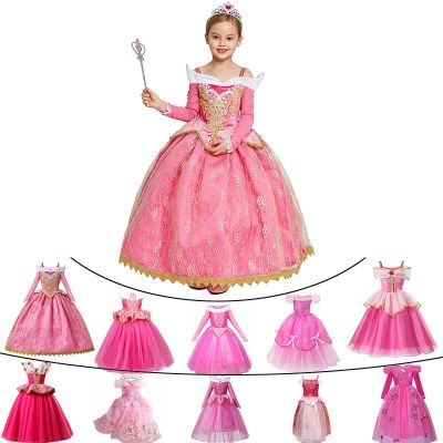 1 Girls Sleeping Beauty Aurora Dress Long Sleeves Off Shoulder Lace Robe Kids Gorgeous Christmas Gift Fancy Princess Party Outfits