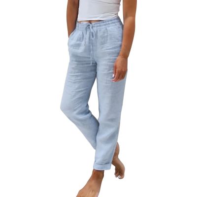 Women Elastic High Waist Pants Summer Solid Color Cotton Linen Wide Leg Loose Flare Trousers Business Casual Pockets Slacks