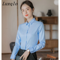 Luxqlo เสื้อผ้าทำงานทางการสำหรับผู้หญิงชุดไซส์ใหญ่สีทึบเสื้อโปโลมีปกมืออาชีพฉบับภาษาเกาหลีแขนยาวใหม่