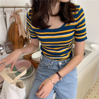 Stripe Tshirt for Women Short Sleeve Knitted Top 2022 Summer Fashion Casual Tee Slim Korean T Shirt