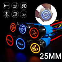 25MM Customizable Symbols Metal Push Button Switch Waterproof Silver Shell Latching/Momentary LED Start Stop Power Switch 12/24V