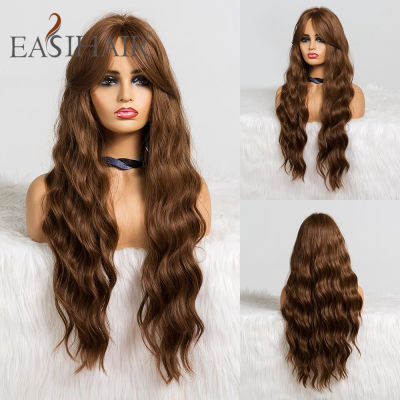 EASIHAIR Long Brown Body Wavy Synthetic Wigs With Bangs High Density Wigs for Women Cosplay Wigs Heat Resistant Hair Wig