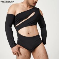 【YP】 Incerun 2023 homens irregulares bodysuits manga longa oco fora do ombro bodysuit masculino cor sólida macacão pijamas S-5XL