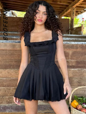 BOOFEENAA ชุดเดรสชุดรัดตัวสีดำลูกไม้ตัดแบบวินเทจผู้หญิง,ชุดเดรสแขนกุดคอเหลี่ยมสำหรับชุดกระโปรงสั้นฤดูร้อน2023