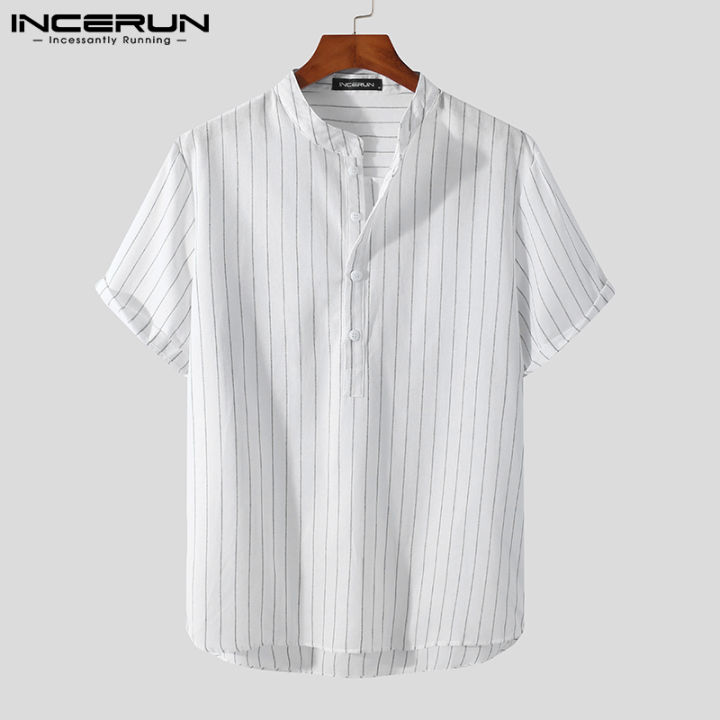 incerun-เสื้อยืดแขนสั้นลายทางสำหรับผู้ชายเสื้อยืดคาร์โก้ใส่ทำงานแบบลำลองหลวมๆ-ผ้าฝ้ายลินิน-3
