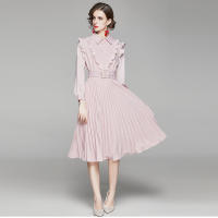 New Arrival Euro-american Ruffles Vestidos Long Sleeve Long Robe Turn Down Collar Women Pleated Long Dress