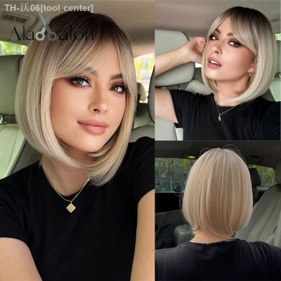ALAN EATON Short Ombre Blonde Wig for Women Natural Straight Synthetic Hair Bob Wigs with Bang Party Daily Heat Resistant Hair [ Hot sell ] tool center