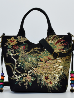 Ethnic Style Embroidered Women Handbags Canvas Peacock Embroidery Womens Handbag Shoulder Bags Top Handle Tote Purses