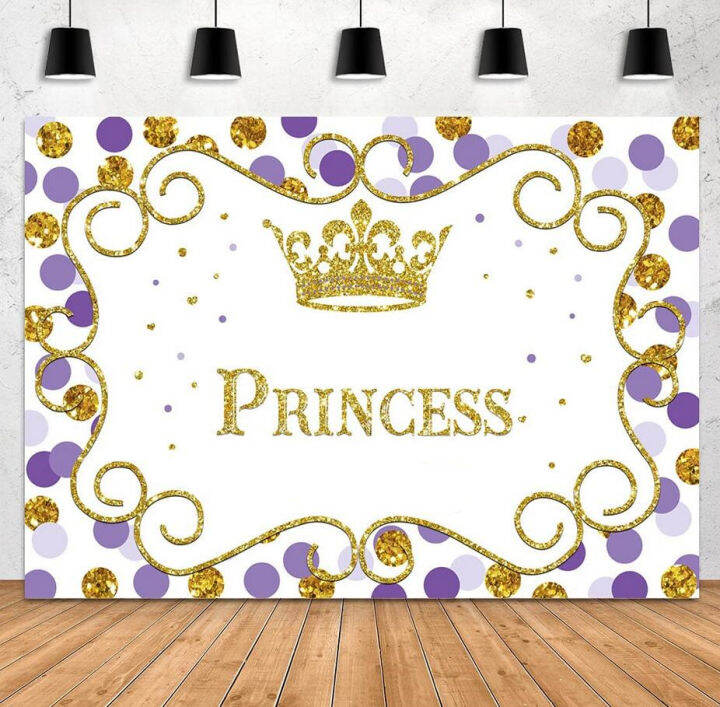 7x5ft Gold and Purple Princess Baby Shower Backdrop Royal Crown Dots
