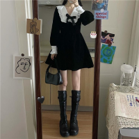 HOUZHOU Kawaii Bow Dress Women Japanese Preppy Style Long Sleeve Mini Dresses Black Goth Vintage Lolita Outfits Sweet Streetwear