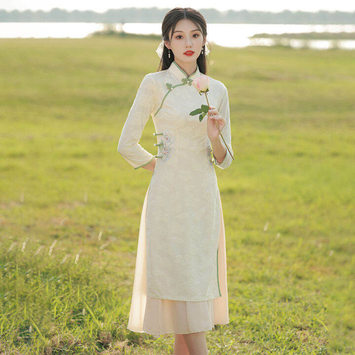 ปรับปรุง-cheongsam-2022แขนยาว-aodai-หนุ่มอารมณ์ระดับไฮเอนด์ชาเสื้อผ้าชาศิลปินเสื้อผ้าผู้หญิง