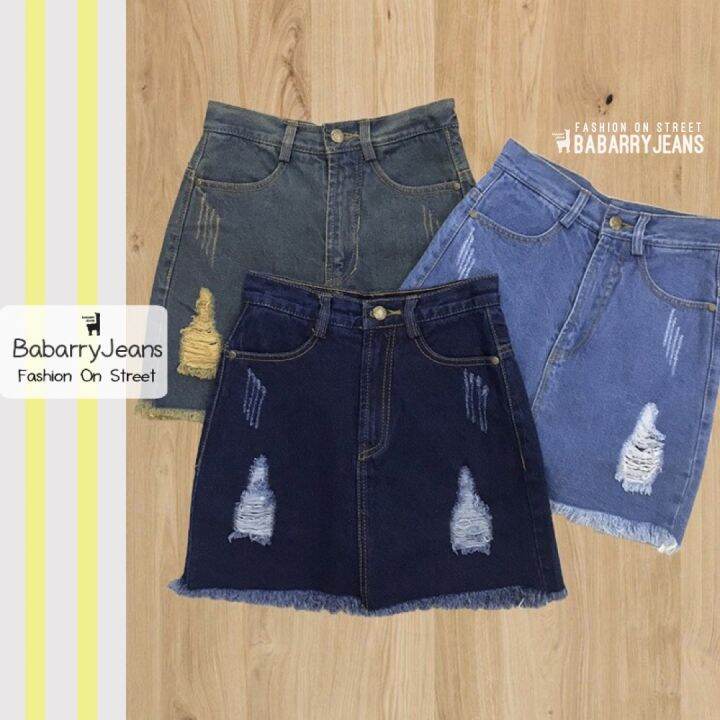 พร้อมส่ง-babarryjeans-กระโปรงกางเกง-ยีนส์ผ้าไม่ยืด-เอวสูง-แบบขาด-สียีนส์เข้ม-สียีนส์อ่อน-สีสนิม