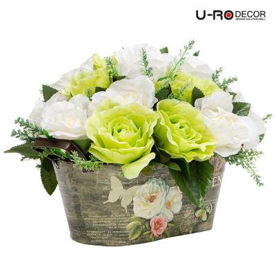 U-RO DECOR รุ่น ช่อกุหลาบ(สีเขียว-ขาว)ในกระถางดอกไม้  GARDEN M  ยูโรเดคคอร์ กระถาง แต่งบ้าน ใส่ของ  ดอกไม้ ประดิษฐ์ flower ช่อดอกไม้