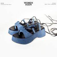 womenager - Dani platform Indigo denim รองเท้าแตะ ส้นตึก