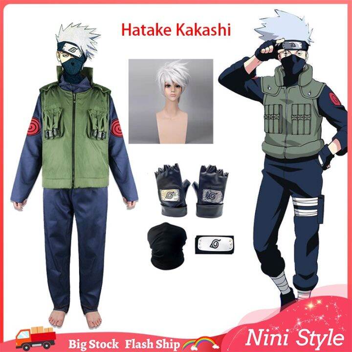 NARUTO Adult Kakashi Hatake Ninja Outfit Cosplay Costume Full Set with Face  Covering and Headband Wig