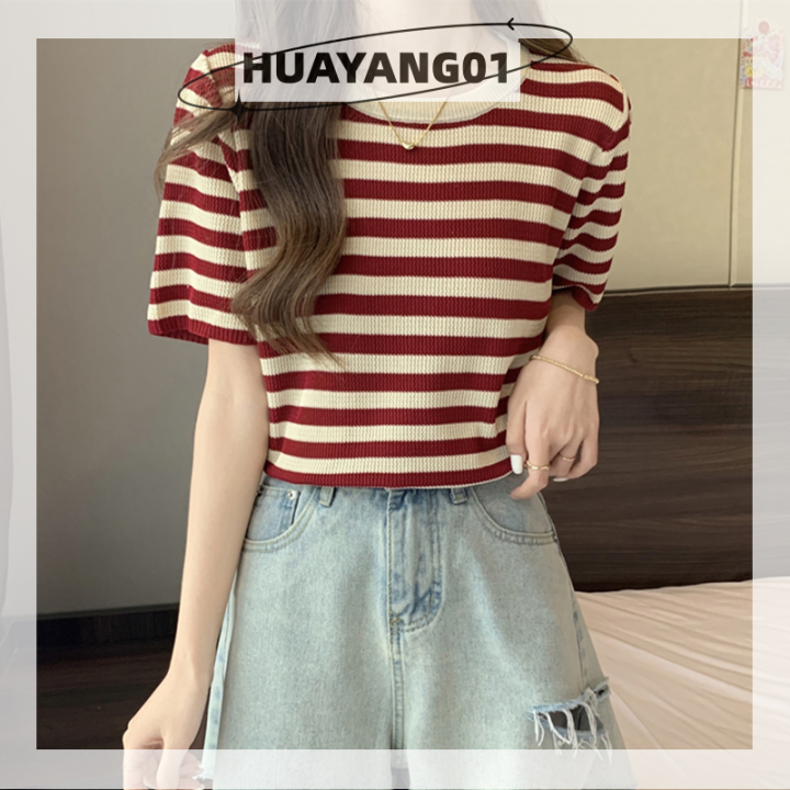 huayang01-2023แฟชั่นสุดฮอต-เสื้อยืดถักลายทางแขนสั้นย้อนยุคฤดูร้อนเสื้อผู้หญิงคอกลมเสื้อแบบหลวมลำลอง