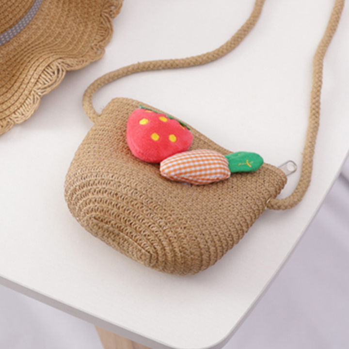 จัดส่งเร็ว-เด็กหญิงฤดูร้อนกระเป๋าฟางสะพายไหล่หมวกบังแดดชายหาดสตรอเบอร์รี่แครอท-dompet-koin