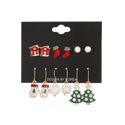 6คู่ Tiny Stud ต่างหูชุดถุงมือน่ารัก House Christmas Tree Shocking ต่างหูคริสตัลเจาะต่างหูสำหรับผู้หญิง Girl