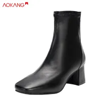 AOKANG Shoes คัทชู heel flats thick heel thick heel British style shoes boots Martin boots British style high heels leather women