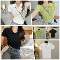 SDOB3004 ​? พร้อมส่ง เสื้อคอปกทรงครอปผ้านิ่มใส่สบาย ไหมพรม แต่งกระดุม ทรงเข้ารูปสวยๆ