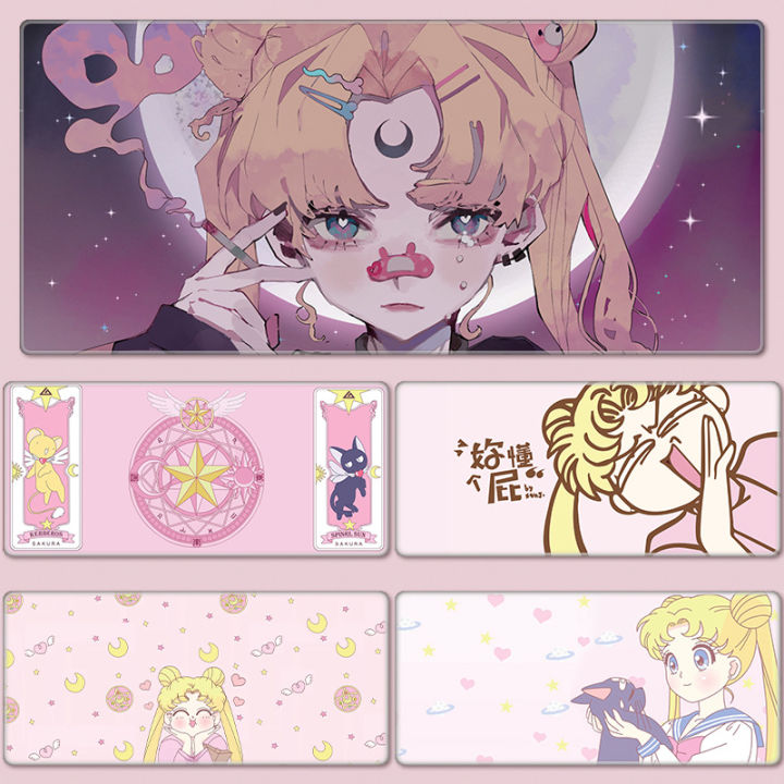 แผ่นรองเมาส์-sailor-moon-แผ่นรองแป้นพิมพ์คอมพิวเตอร์สำนักงานการ์ตูนน่ารักสีชมพูขนาดใหญ่สำหรับสาวๆ-ins-ลม