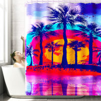 Bath Mat and Waterproof Shower Curtain Set Home Decor Watercolor Coconut Printed Toilet U-Shaped Foot Mat Bathroom Rug Set