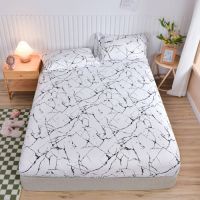 White Bed Sheet with Elastic Band Marbling Printed Single/Queen/King Size Fitted Bed Sheets for Double Beds All-around Bed Cover