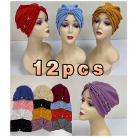 【YF】 12 Pieces Set Of Fashionable Muslim Women Headscarf Space Layer Fabric Applique Headwear Solid Indian Bean Hair Hat Lady