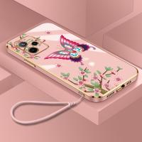 เคสสำหรับ Realme RMX3516 RMX3511 RMX3581 RMX3690เคสโทรศัพท์แบบดอกไม้ผีเสื้อ RMX1941เคสหรูหราบางเฉียบ TPU แบบนิ่มเคสมีสายคล้องมือซิลิโคนรูปสี่เหลี่ยม