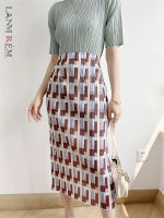 LANMREM Pleated Geometric Print Midi Skirt Women Elastic High Waist A-line Slim Fit Female Fashion Clothing 2022 Summer 2R1577