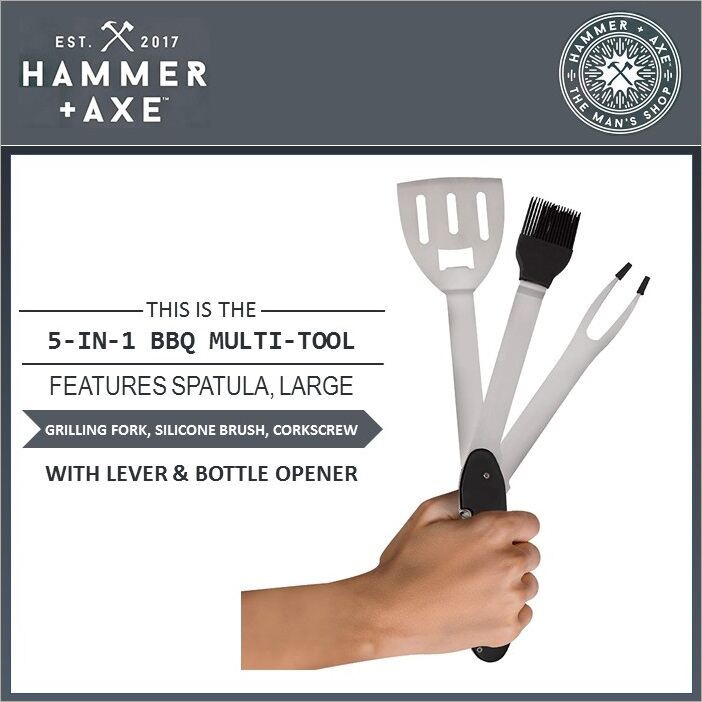Brush Hammer & Axe 5-in-1 BBQ Multi-Tool Fork,Spatula Corkscrew Bottle opener 