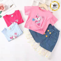 Little Honey ชุดเด็ก พร้อมส่ง (5-8 ขวบ) เสื้อผ้าเด็ก แขนสั้น สีรุ้ง + กระโปรงเดนิม ลายโพนี่น่ารัก ผ้ายืดนุ่ม ใส่สบาย ชุดเด็กผู้หญิง