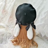 2021Sweet Lolita Cute Plush Rabbit Ear Bow Beret Lovely Japanese Mori Girl Vintage Painter Hat Pumpkin Cap Flat Cap Autumn Winter