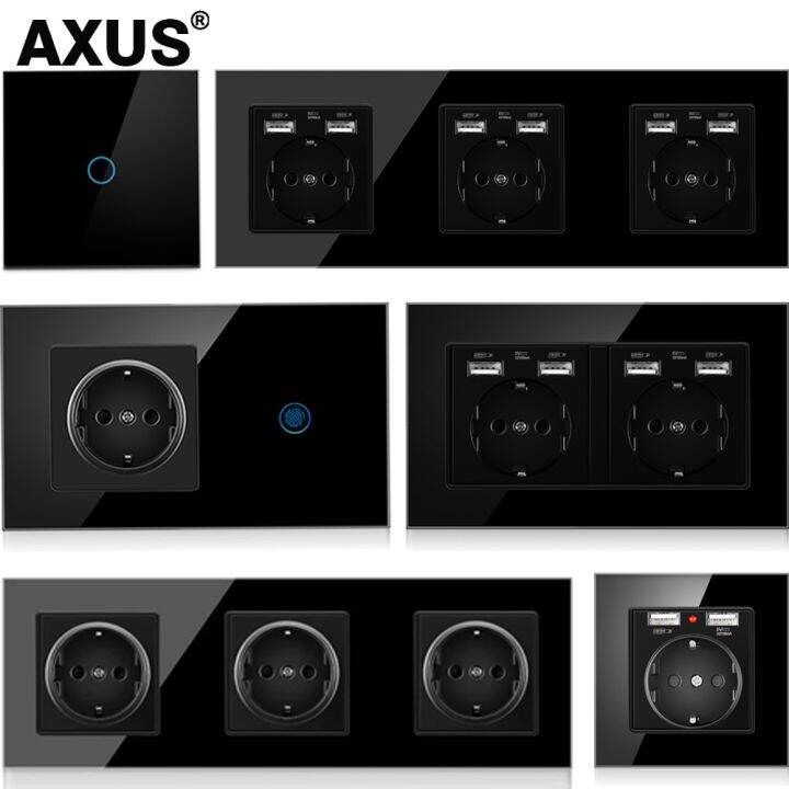 AXUS Touch Light Switch With EU USB Wall Sockets Black Glass Sensor Switches LED Dark Blue