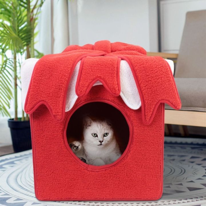 christmas-cat-cave-christmas-gift-box-shape-kitten-cat-house-christmas-cat-houses-for-indoor-cats-square-pet-nest