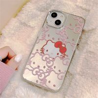 เคสโทรศัพท์ Sanrio Hello Kitty ขอบสีชมพูสำหรับเด็กผู้หญิง14 13 11 12 Pro Max Mini XR XS 8 Plus ของขวัญ Y2k ใสซิลิโคนกันตก