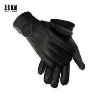 New winter mens leather gloves hand-stitched deerskin warm wear-resistant black wave pattern Cold proof mittens 70 wool lining