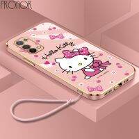 Casing OPPO A53 A54 A55 A57 A74 A94 4G A36 A76 A83 A52 A72 A92 A17 A17K Ultra-thin Plating Square Lovely Cartoon Hello Kitty Silicone Case with Lanyard Phone Case