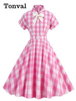 KKTonval Turn Down Collar With Bow Buttons Vintage Cotton Long Dresses For Women Pink And White Gingham Print Elegant Swing Dressq11