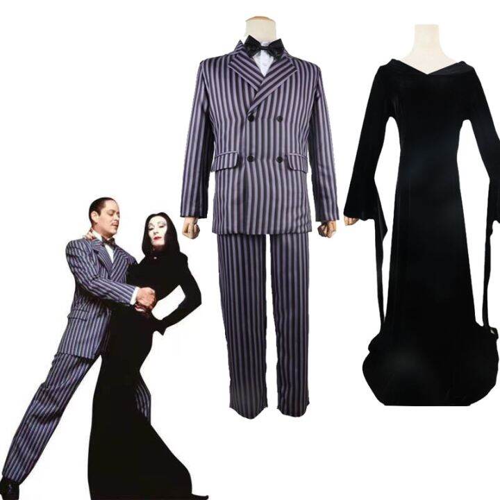 gomez-addams-cosplay-anime-morticia-costume-dress-halloween-carnival-outfit-adult-kid-coat-shirt-pant-tie-suit-party-uniform