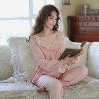 Cross-border knitted cotton pajamas womens spring and autumn suit long-sleeved trousers lace square collar can be worn outside home clothes ladies top