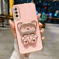 เคส Y12S สำหรับ Vivo เคสหลังป้องกันการกระแทกทำจากซิลิโคนเนื้อนิ่มกระจกขาตั้งหมุนได้กล่องโลหะชุบหรูหราแต่งหน้าหมีทรายเหลวน่ารักสาวสวย