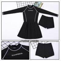 Women Long Sleeve Swimming Suit Skirt Swim Wear Black Swimsuit Beachwear