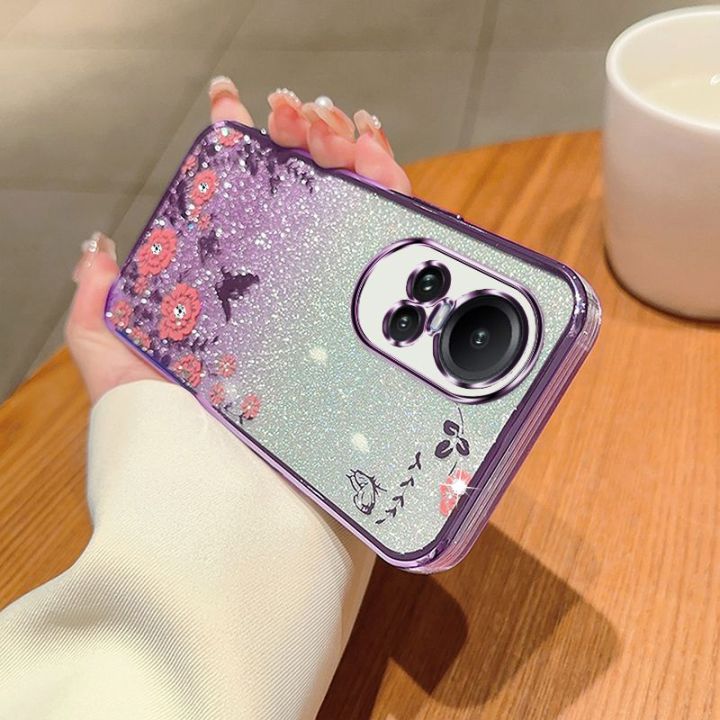 เคส-reno10แวววาวสำหรับ-oppo-pro-reno-10-10pro-reno10pro-5g-2023ซิลิโคน-tpu-ยืดหยุ่นฝาหลังอ่อนนุ่มเคสกันกระแทกมือถือแวววาวปกป้องดอกไม้ไล่ระดับสี