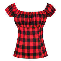 2021 Red Plaid Printed Slim Fitted Tops Women Summer Short Sleeve Workwear Office Lady Elegant Pin Up 50s 60s Rockabilly Tshirt