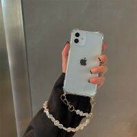 โซ่สร้อยข้อมือไข่มุกเคสโทรศัพท์โปร่งใสแฟชั่นสุดหรูสำหรับ IPhone11 12 13 14 Pro MAX 8 7 Plus X XR XS Max ปลอกกันกระแทก CarterFa