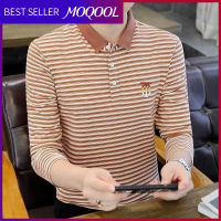 MOQOOL เสื้อยืดลายทางเข้ารูปพอดีใหม่สำหรับฤดูใบไม้ผลิและฤดูใบไม้ร่วงเสื้อโปโลอเนกประสงค์สำหรับผู้ชายแขนยาวแฟชั่นฤดูใบไม้ร่วง