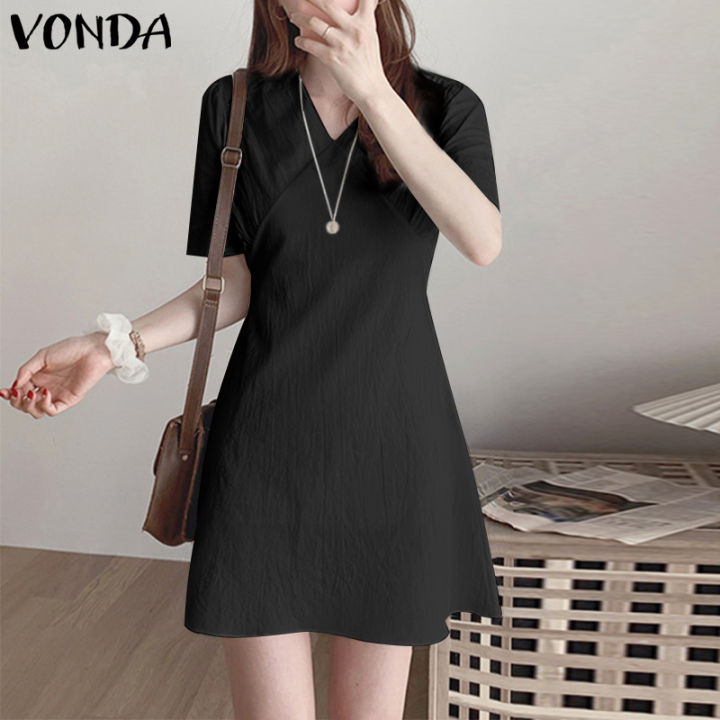 VONDA Women Casual Short Sleeve V Neck Holiday Plain Dress Fashion ...