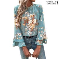 COD dhdfxcz ZANZEA Women Casual Ruffle Collar Double Flared Sleeves Floral Print Blouse