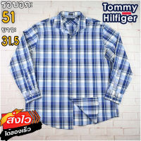 Tommy Hilfiger®แท้ อก 51 เสื้อเชิ้ตผู้ชาย ทอมมี่ ฮิลฟิกเกอร์ สีน้ำเงิน เสื้อแขนยาว เนื้อผ้าดี